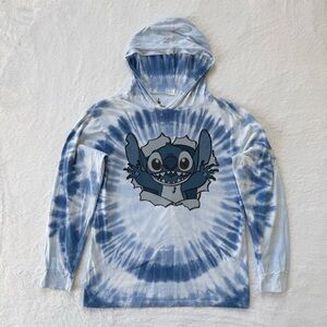Disney Parks Stitch Pullover Hooded Long Sleeve Tshirt Tie Dye Blue Adult Small